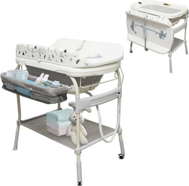 wanan 2 In 1 Baby Bathtub With Changing Table, Waterproof Diaper Changing Station，adjustable Height Nursery Organizer With Storage Racks