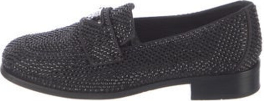 Prada Crystal Loafers Black Enameled Metal Triangle Square-Toes with Crystal Embellishments Designer