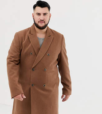 ASOS Design DESIGN Plus wool mix double breasted overcoat in dark camel