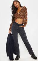 Thumbnail for your product : PrettyLittleThing Brown Check Plunge Elastic Hem Blouse