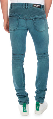 Balmain Skinny Denim Biker Jeans, Turquoise