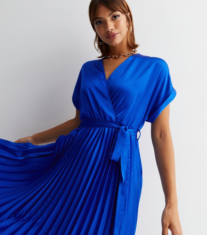 New Look Blue Satin Pleated Midi Wrap Dress - ShopStyle
