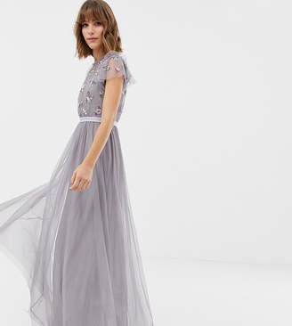needle & thread embellished long sleeve maxi dress with tulle skirt in rose quartz
