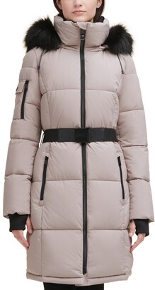 DKNY Belted Faux-Fur-Trim Hooded Puffer Coat - ShopStyle