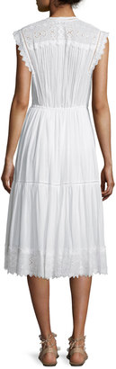 Rebecca Taylor Sleeveless Pintucked Lace-Trim Midi Dress, White