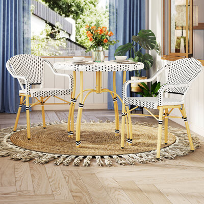 Bay Isle Home All Weather Indoor/Outdoor Commercial Patio Dining Sets With Rattan Round Table And Armrest Stacking Chairs