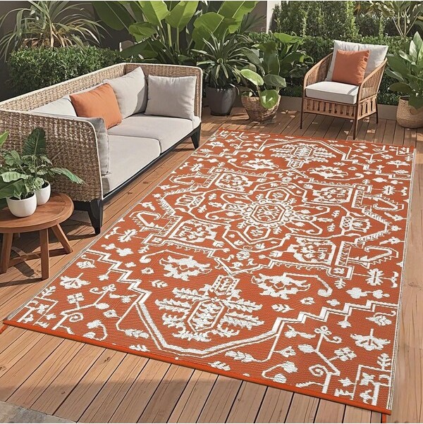 LinTimes WaterproofOutdoorRug8x10MedallionPatioRugReversiblePlasticStrawRugUV-ResistantOutsideMatforPorchDeckBackyardBalconyOrange/White