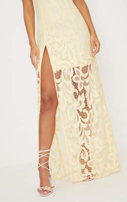 PrettyLittleThing Lemon Lace Cap Sleeve Extreme Split Maxi Dress