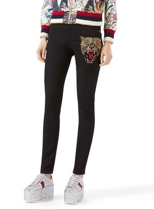 Gucci Angry Cat Embroidered Denim Pants, Black
