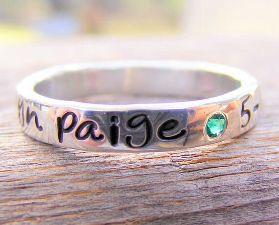 Etsy Mother's Day Birthstone Ring - Flush Set Gemstones -Personalized Engraved Childrens Name Stacking Rings Memory