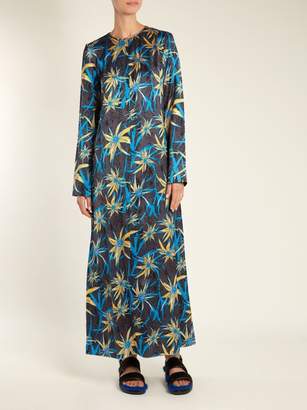 Marni Long-sleeved Herbage-print Satin Dress - Womens - Blue Print