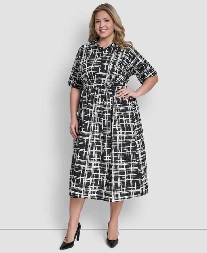 DKNY Plus Size Collared Button Down Dress - Black/Ivory