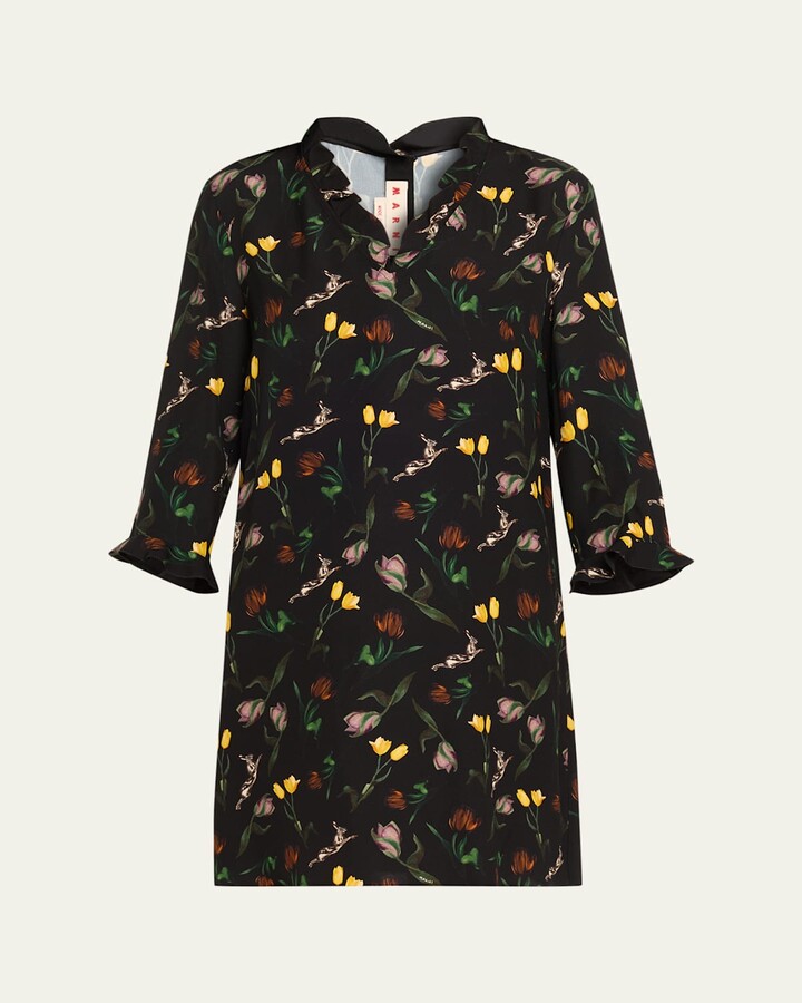 Marni Floral Ruffle 3/4-Sleeve Mini Dress