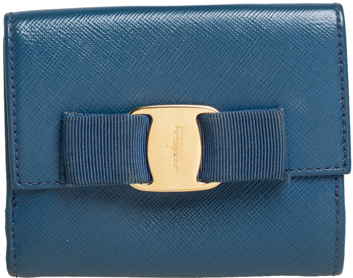 Salvatore Ferragamo Blue Leather Vara Bow Compact Wallet - ShopStyle