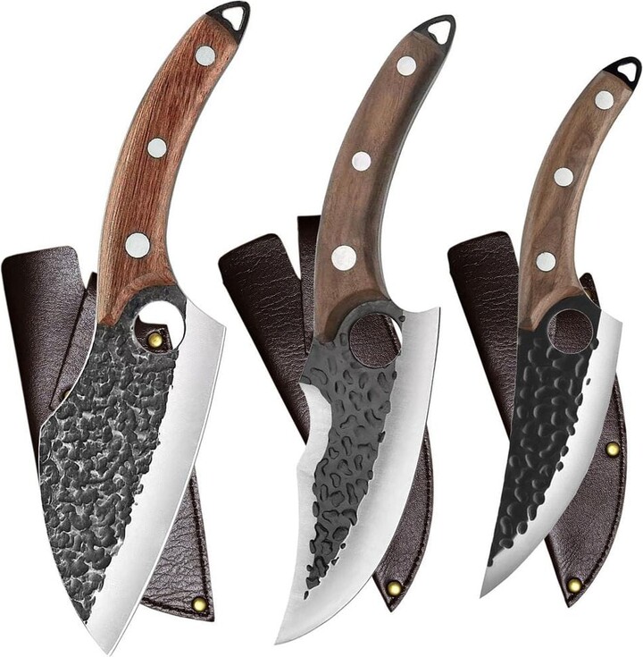 Numhew 3-Piece Stainless Steel Handmade Forged Kitchen Knife Set with Leather Sheaths