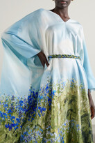Thumbnail for your product : Oscar de la Renta Belted Draped Floral-print Silk-satin Twill Kaftan - Blue