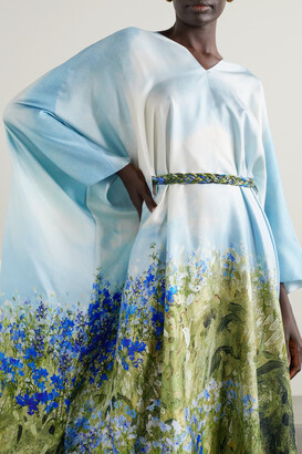 Oscar de la Renta Belted Draped Floral-print Silk-satin Twill Kaftan - Blue