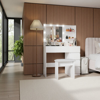 Ebern Designs Vanity Makeup Vanity Desk Set With Mirror & Light Dressing Table Storage Lots With Power Strip 3 Lighting Modes With Adjustable Brightness