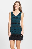 Thumbnail for your product : Nicole Miller Ikat Beaded Feather Hem Silk Body-Con Dress