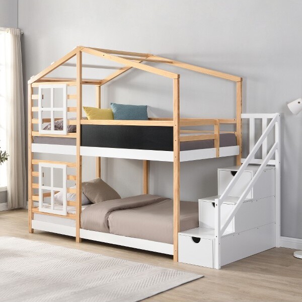 JANSNOTwinoverTwinHouseBunkBedwithRoofWindowsBlackboard&StorageLadderPlatformBedFrame