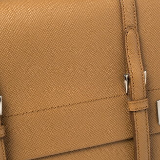 Prada Tan Saffiano Cuir Leather Double Turn Lock Top Handle Bag