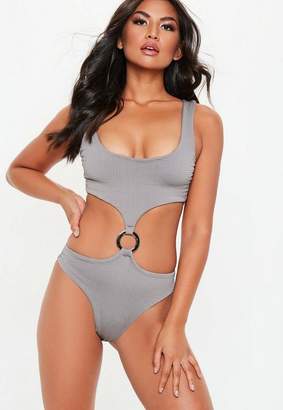 Missguided Grey Cut Out Ring Detail Swimsuit, Grey