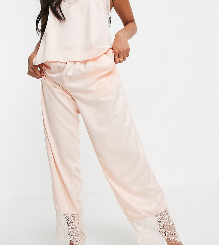 Loungeable Petite lace satin cami pajama pants in pale pink