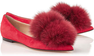 Jimmy Choo GALE FLAT Red Suede Pointy Toe Flats with Fox Fur