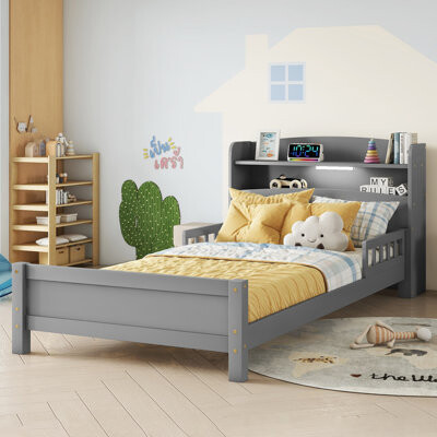 Kids Bed Platform Standard Bed With Bookcase Headboard, Footboard, Adjustable Guardrails, Led Sensor Light
