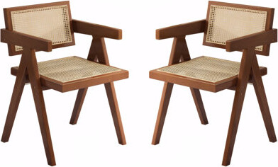 Mercer41 Modern Mid Century Dining Chairs Set of 2, Rattan Accent Chairs, Comfy Armchairs, Outdoor Wood Chairs with Armrest for Bedroom Living Room Reading Roo