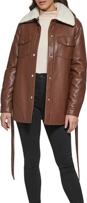 Kenneth Cole Faux Leather & Faux Sherpa Belted Shirt Jacket