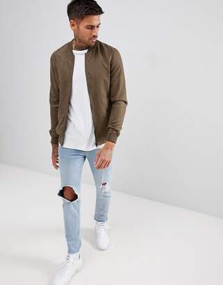 Pull&Bear Faux Suede Bomber In Khaki