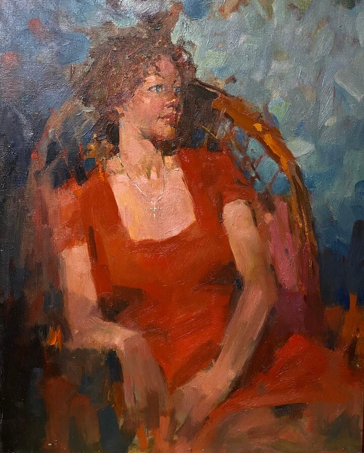 Vadim Zang, Red Dress Portrait Impressionism Original oil Painting, Ready to Hang, 2011