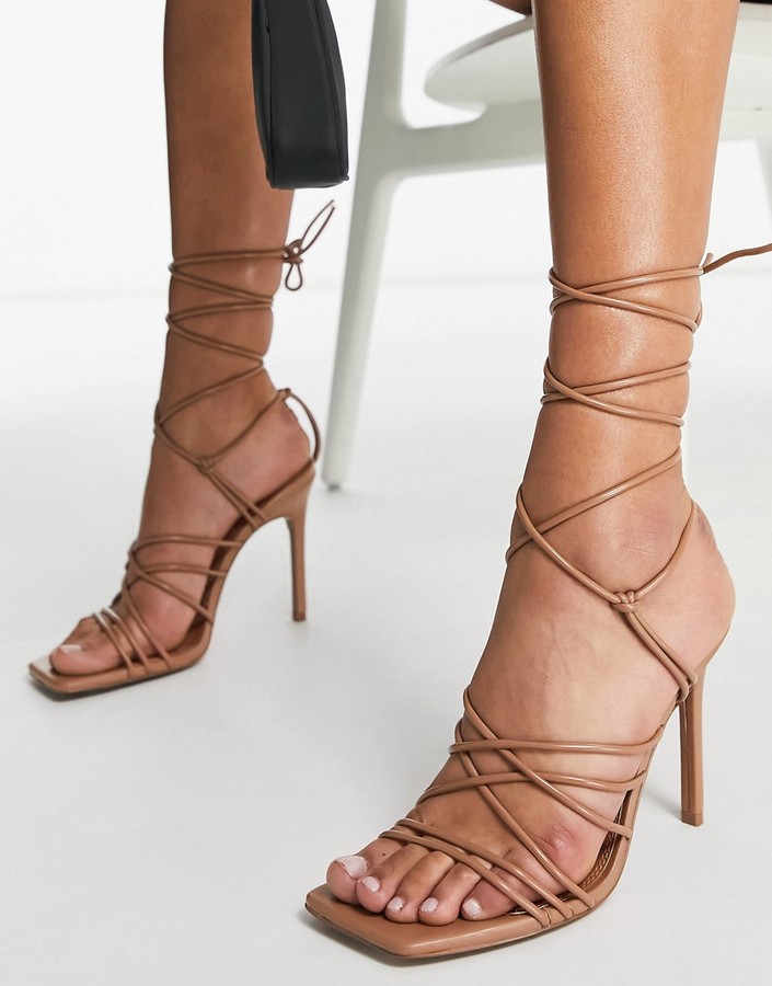ASOS DESIGN Nina strappy tie leg heeled sandals in beige - ShopStyle