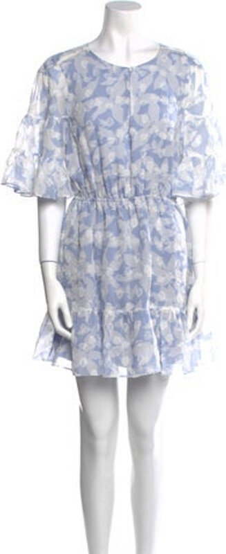 Joie Silk A-Line Dress Blue & White Floral Print Pleated & Ruffle Accents Short Sleeve with Scoop Neck Hook & Eye Closure at Front Designer