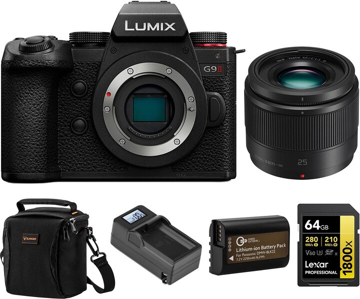 Panasonic Lumix G9II Mirrorless Camera with Lumix G 25mm f/1.7 Aspherical Lens, Bundle with 64GB Sdxc Memory Card, Shoulder Bag, Dmw-BLK22 Battery and
