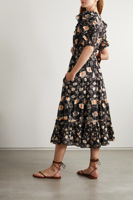 Ulla Johnson Irvette Ruffled Floral-print Cotton-blend Midi Dress - Black