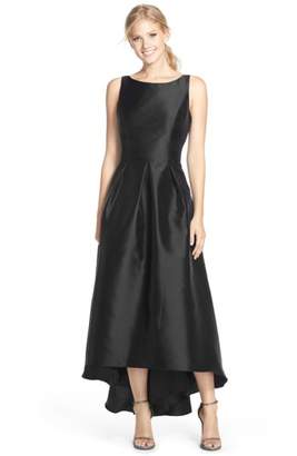 Alfred Sung High/Low Hem Sateen Twill Open Back Gown