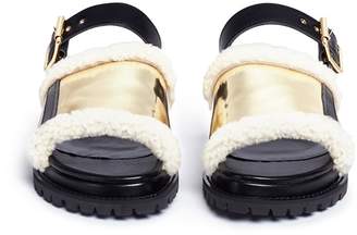 Sacai Buckled leather and mirror shearling slide sandals