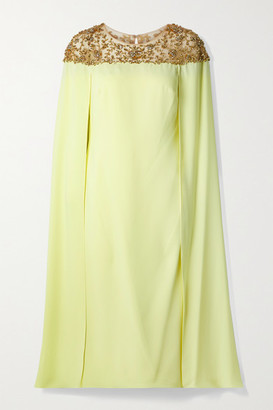 Marchesa Notte Cape-effect Embellished Tulle And Crepe Midi Dress - Pastel yellow