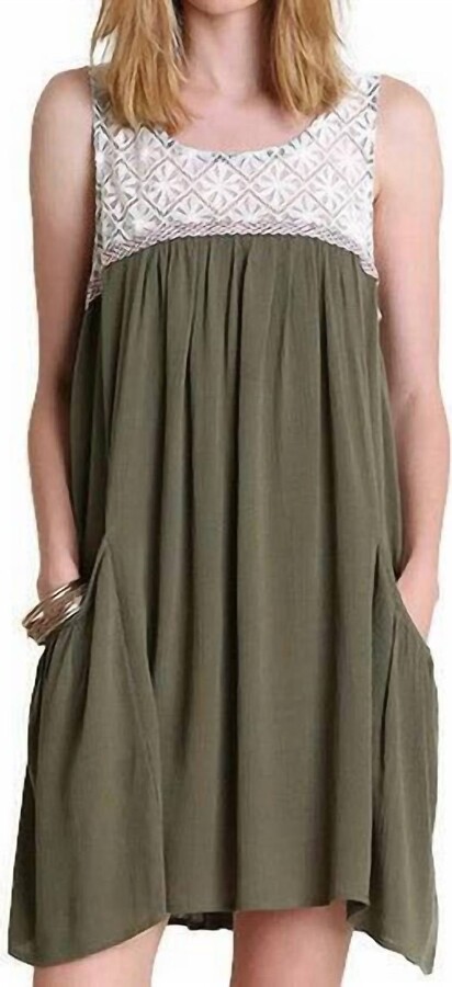 umgee Sleeveless Dress With Lace Detail In Olive Green