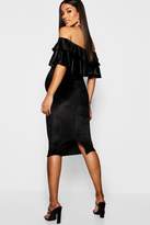 Thumbnail for your product : boohoo Maternity Velvet Ruffle Off Shoulder Midi Dress