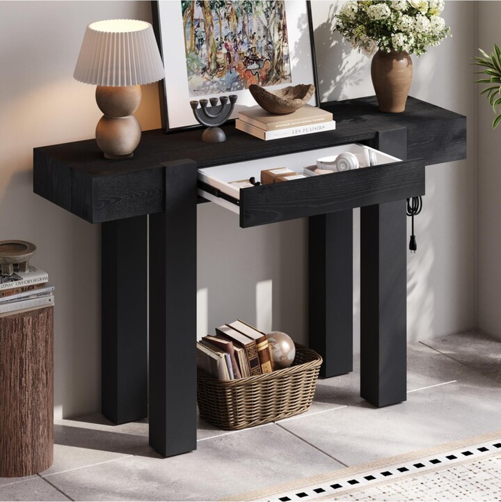 Streamdale Furniture Streamdale Rustic Minimalist Console Table with Hidden Drawer & Power Outlet (Black)