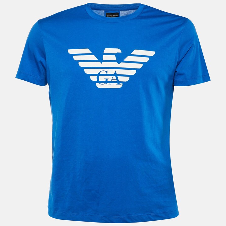 Emporio Armani Blue Logo Printed Cotton Knit T-Shirt