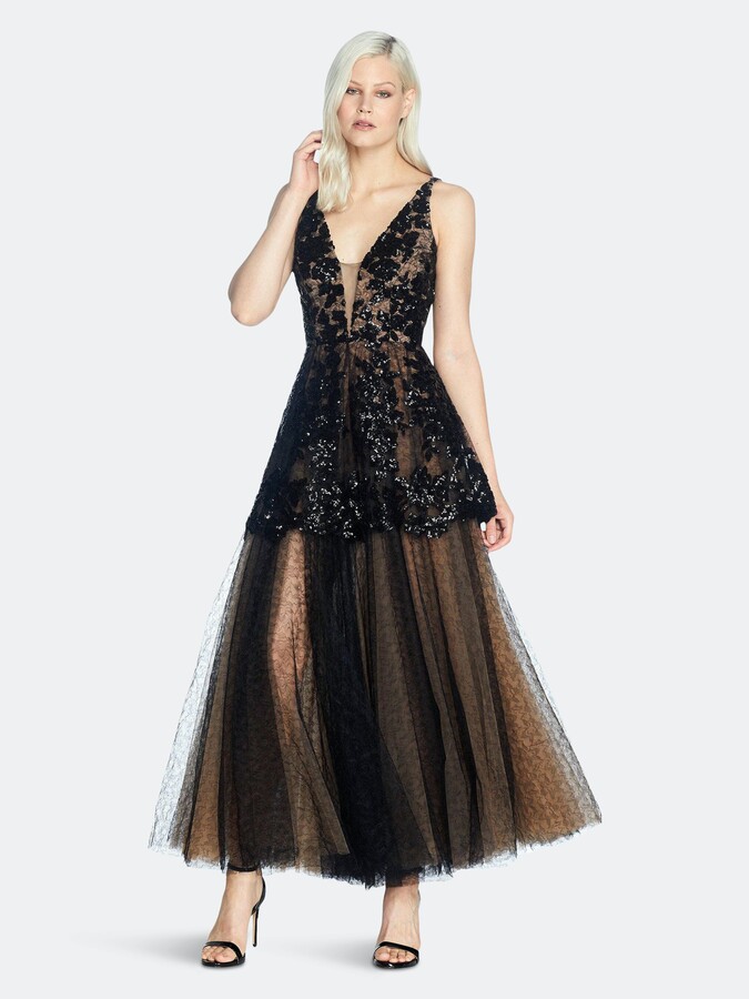 Dress the Population Womens Rachelle Sleeveless Sequin Tulle Fit & Flare Long Ballgown