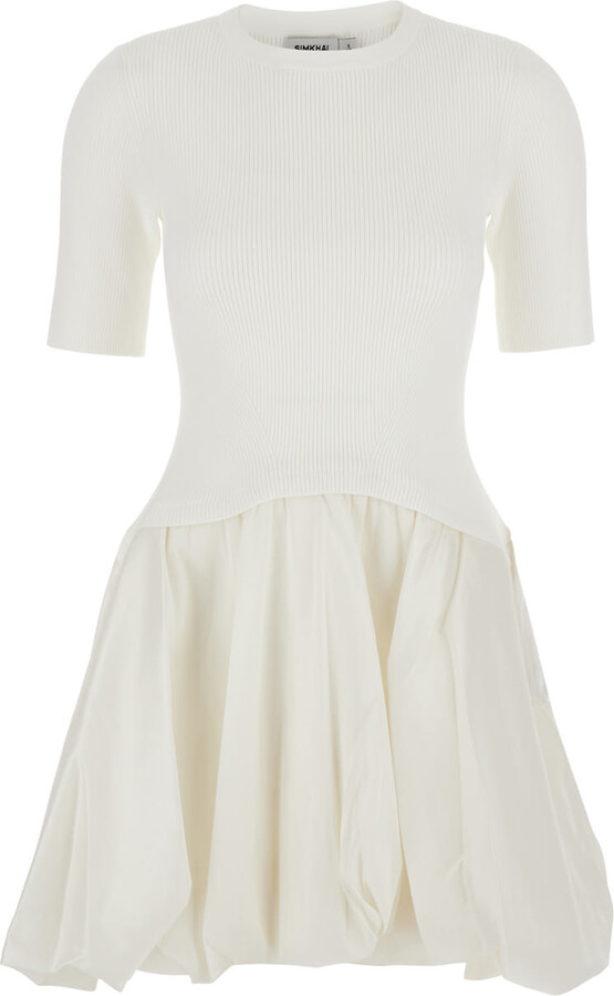 Simkhai 'kenny' White Crewneck Mini Dress With Puffed Skirt In Viscose Blend Woman