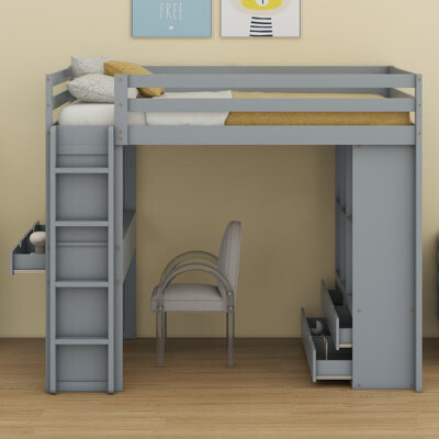 FURNITURE FACTORY OUTLET, LLC Loft Bed With Large Shelves, Writing Desk And LED Light