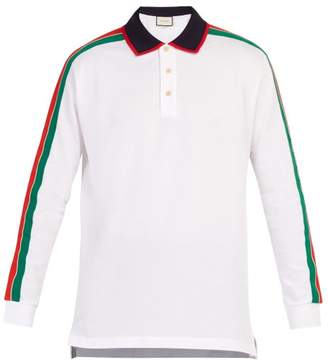 Gucci Web-stripe Long-sleeved Cotton-pique Polo Shirt - Mens - White Multi