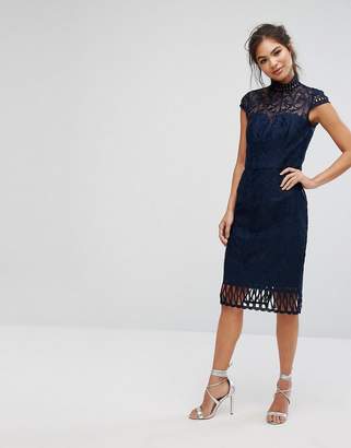 Chi Chi London Cap Sleeve Lace Pencil Dress In Cutwork Lace And High Neck