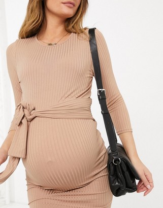 New Look Maternity 3/4 sleeve ribbed tie front midi dress in camel